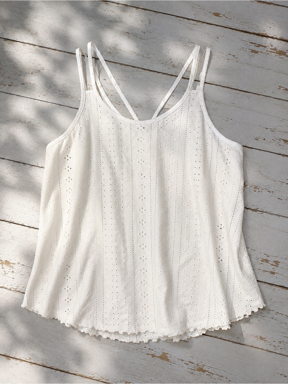 White Eyelet Tank Top S Double Strap Boho Flowy Sleeveless Summer Cami